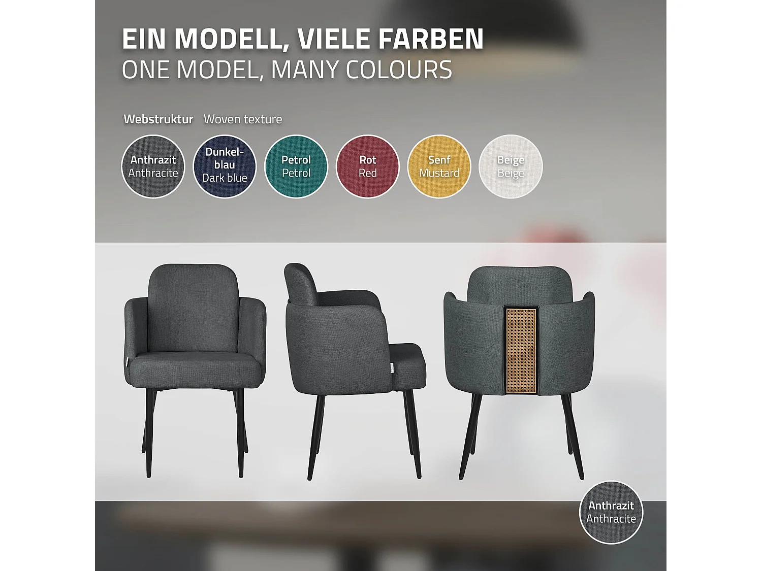 Lot de 6 chaises salle à manger en tissu anthracite avec accoudoirs et dossier aspect rotin pieds en métal assise rembourrée fauteuils ergonomiques
