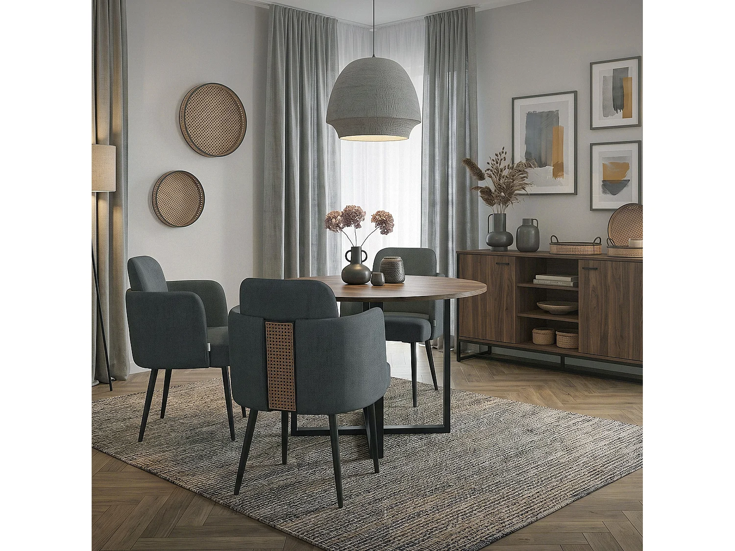 Lot de 6 chaises salle à manger en tissu anthracite avec accoudoirs et dossier aspect rotin pieds en métal assise rembourrée fauteuils ergonomiques
