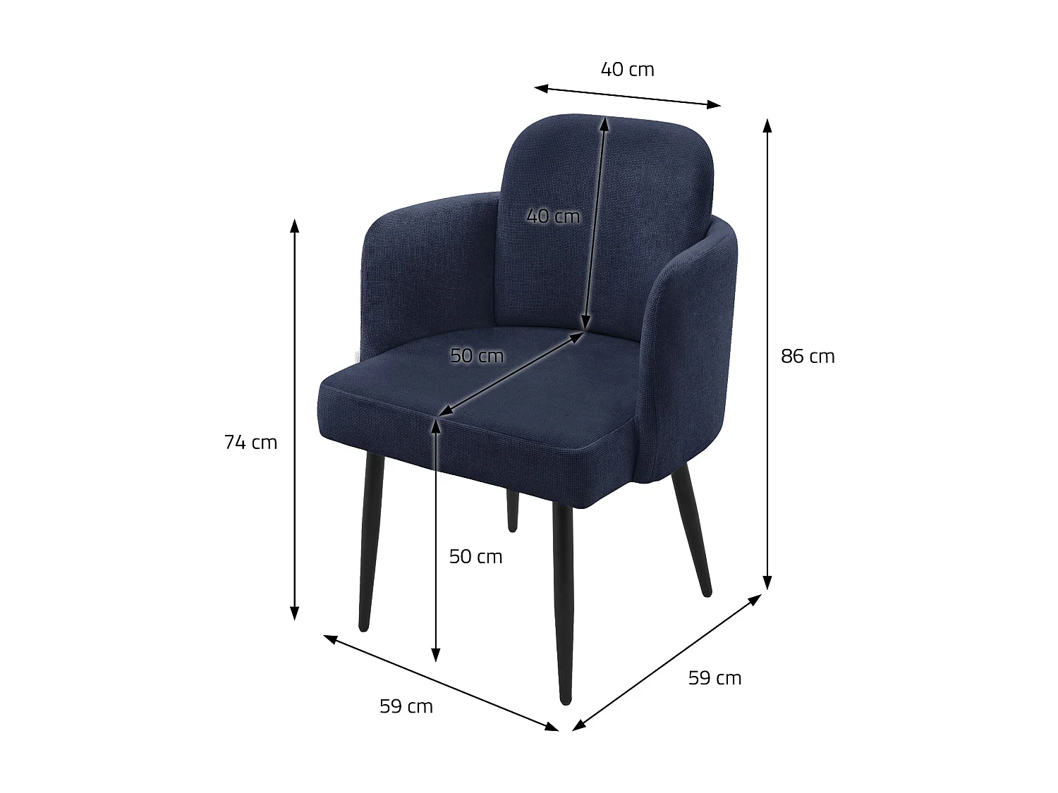 ML-Design Silla de comedor con funda de tela azul oscuro asiento sofá de salón con respaldo y reposabrazos de ratán mueble tapizado con patas de metal