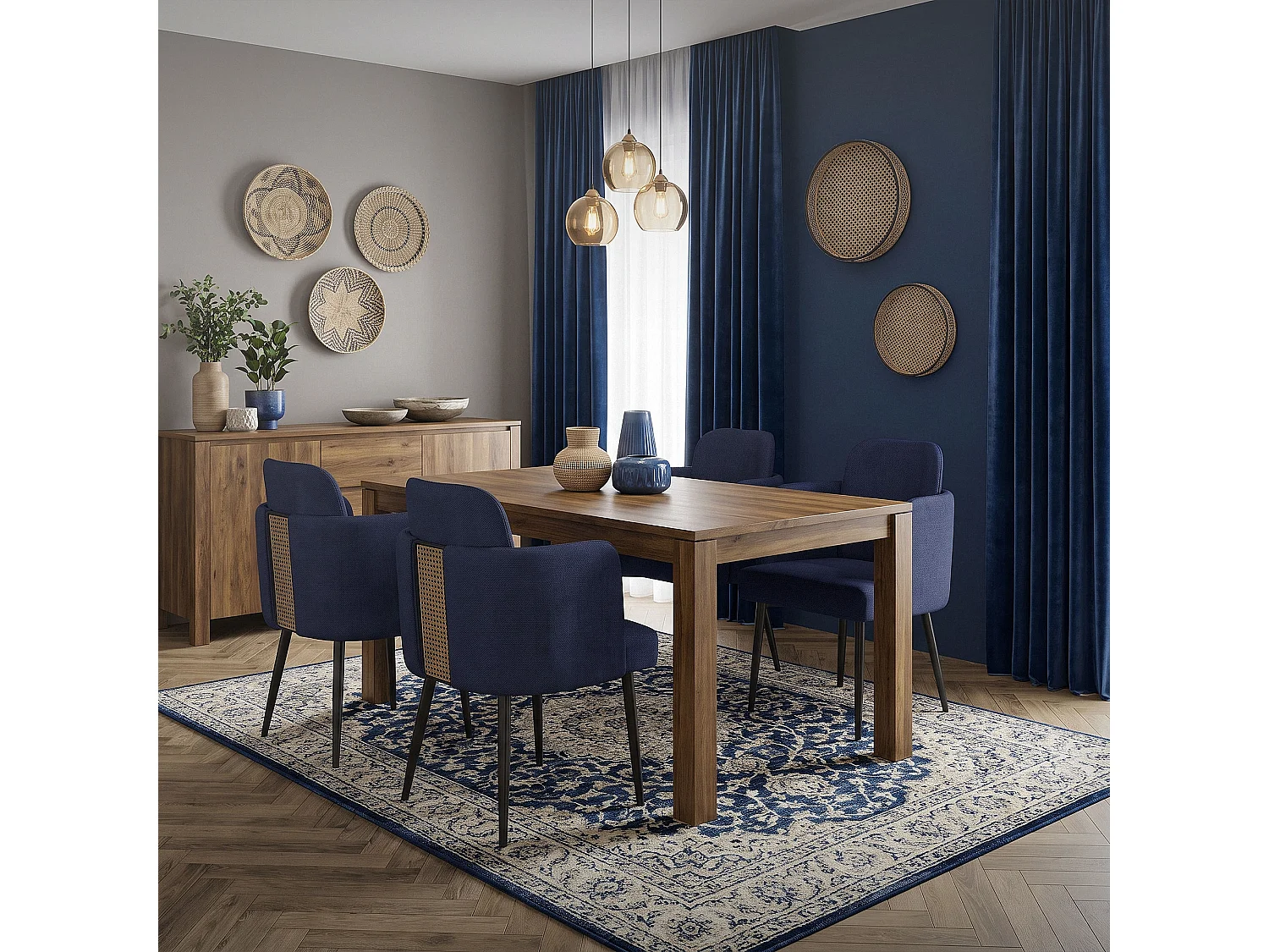 Lot de 6 chaises salle à manger en tissu bleu foncé avec accoudoirs et dossier aspect rotin pieds en métal assise rembourrée fauteuils ergonomiques
