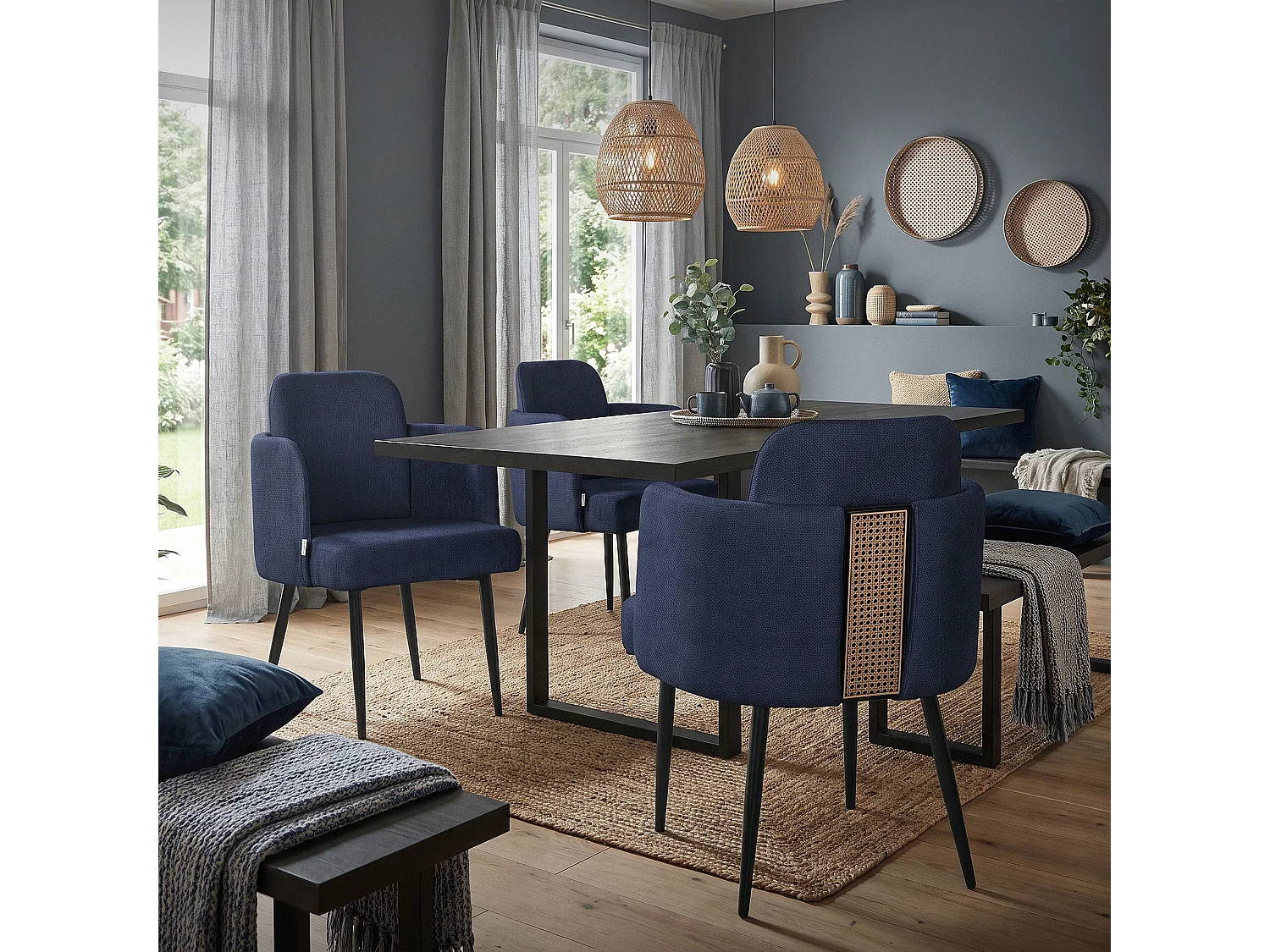 Lot de 6 chaises salle à manger en tissu bleu foncé avec accoudoirs et dossier aspect rotin pieds en métal assise rembourrée fauteuils ergonomiques