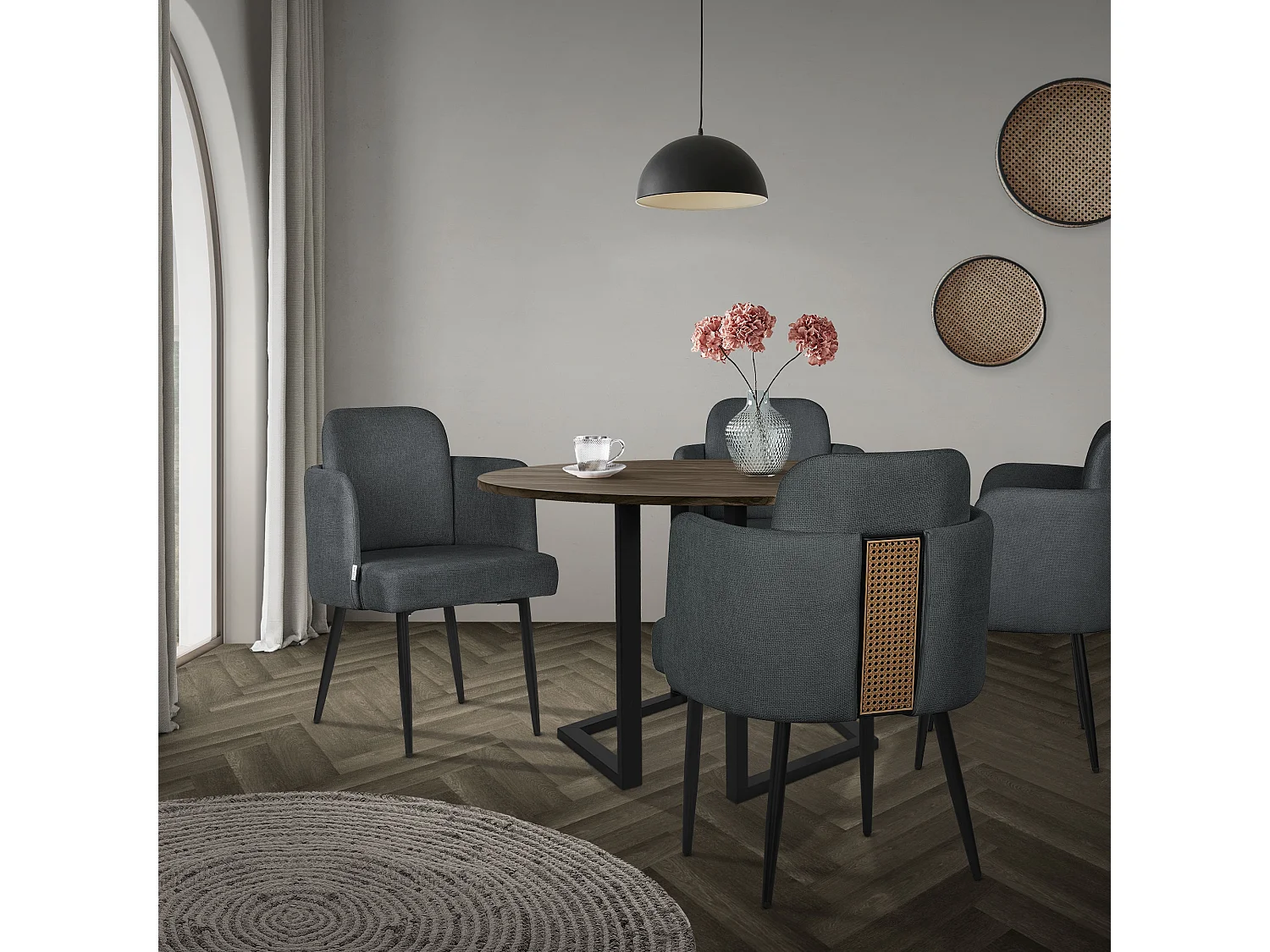 ML-Design 2x Sillas de comedor con funda de tela antracita asientos sofá de salón con respaldo y reposabrazos de ratán mueble tapizado, patas de metal