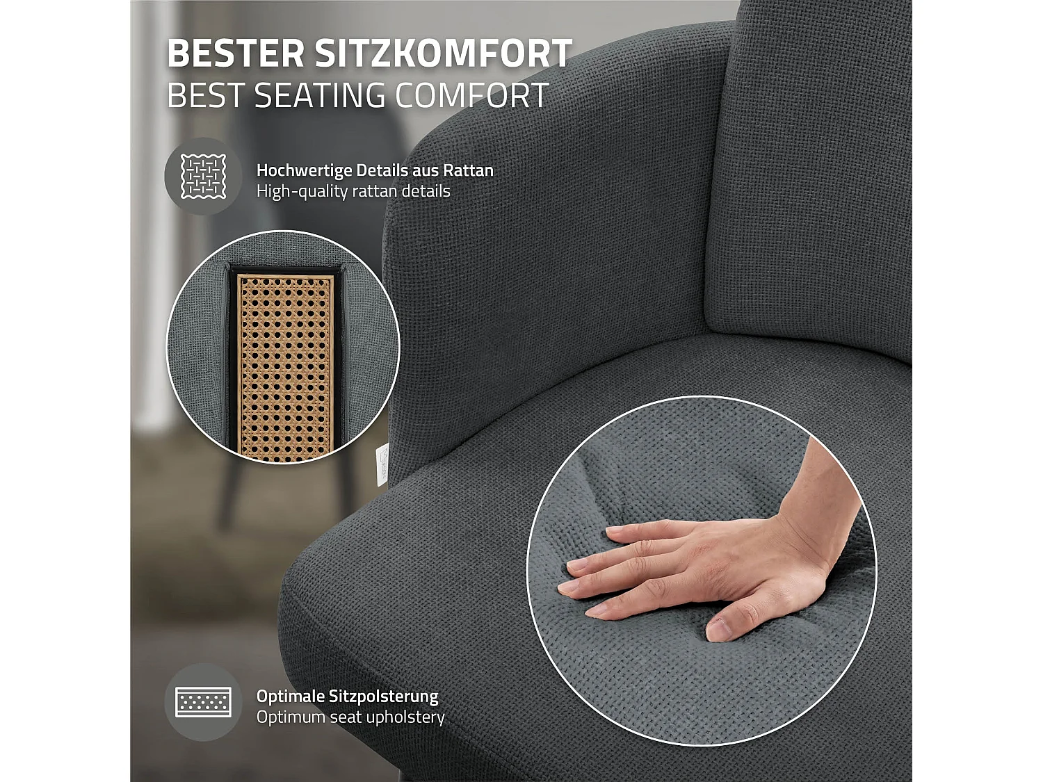 Lot de 2 chaises salle à manger en tissu anthracite avec accoudoirs et dossier aspect rotin pieds en métal assise rembourrée fauteuils ergonomiques