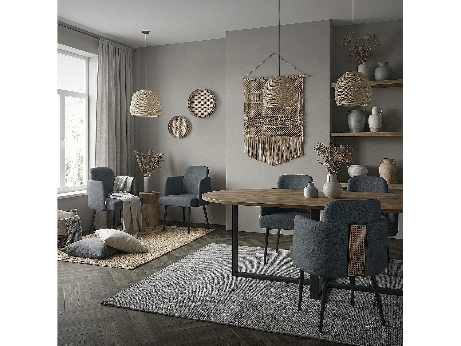 Lot de 2 chaises salle à manger en tissu anthracite avec accoudoirs et dossier aspect rotin pieds en métal assise rembourrée fauteuils ergonomiques