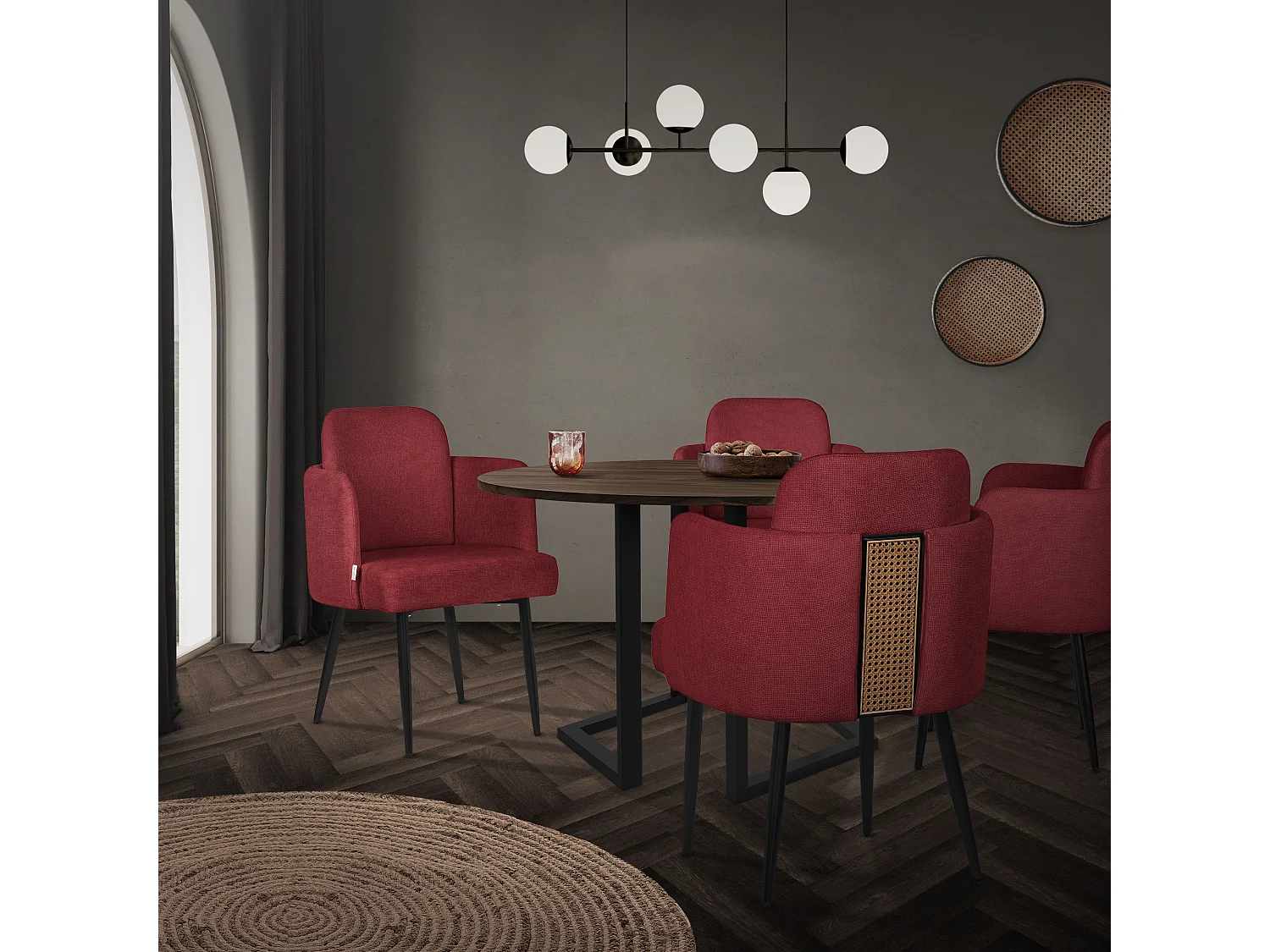 ML-Design 2x Sillas de comedor con funda de tela roja asientos sofá de salón con respaldo y reposabrazos de ratán mueble tapizado y patas de metal