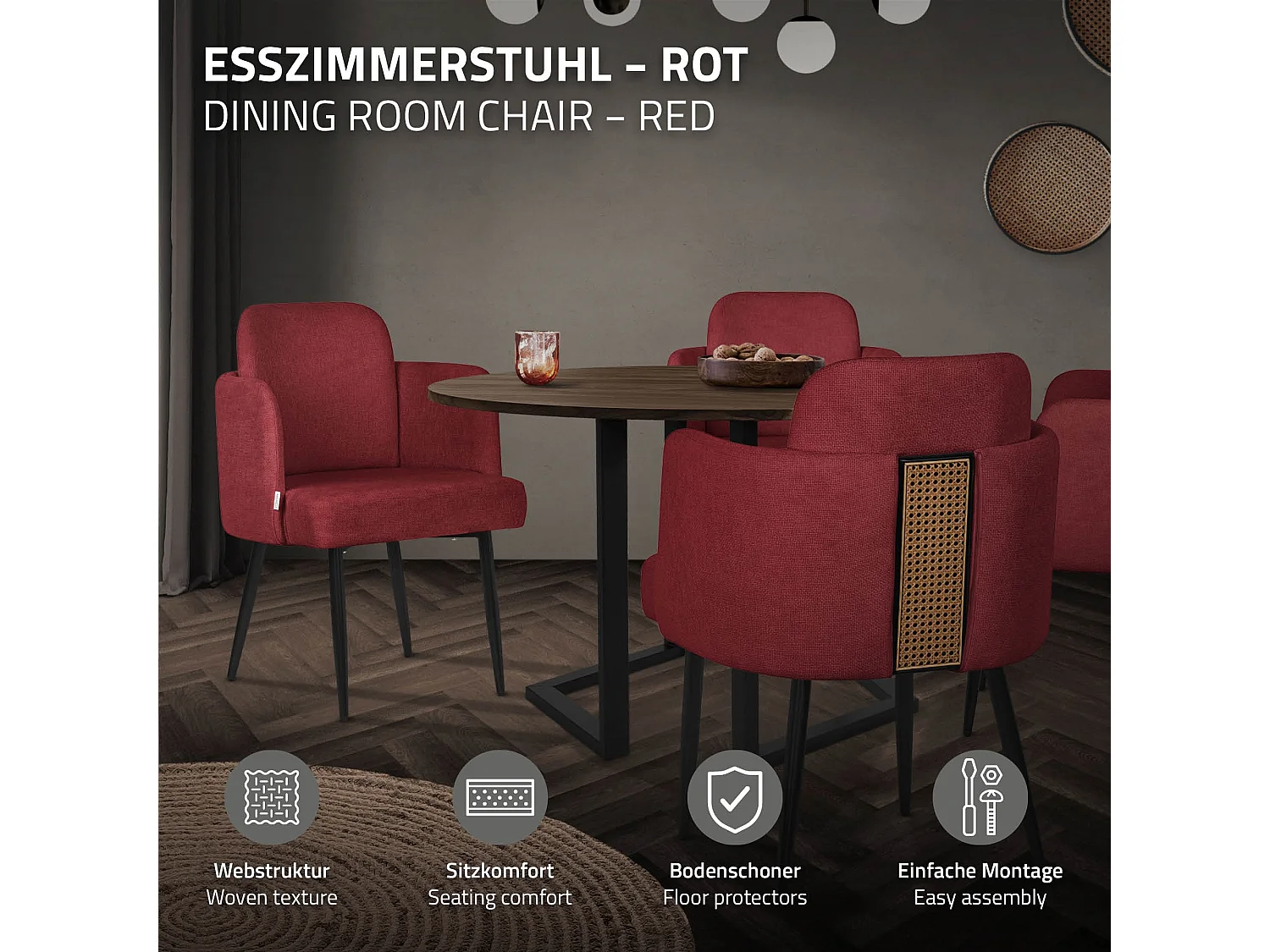 Lot de 2 chaises salle à manger en tissu rouge avec accoudoirs et dossier aspect rotin pieds en métal assise rembourrée fauteuils ergonomiques cuisine