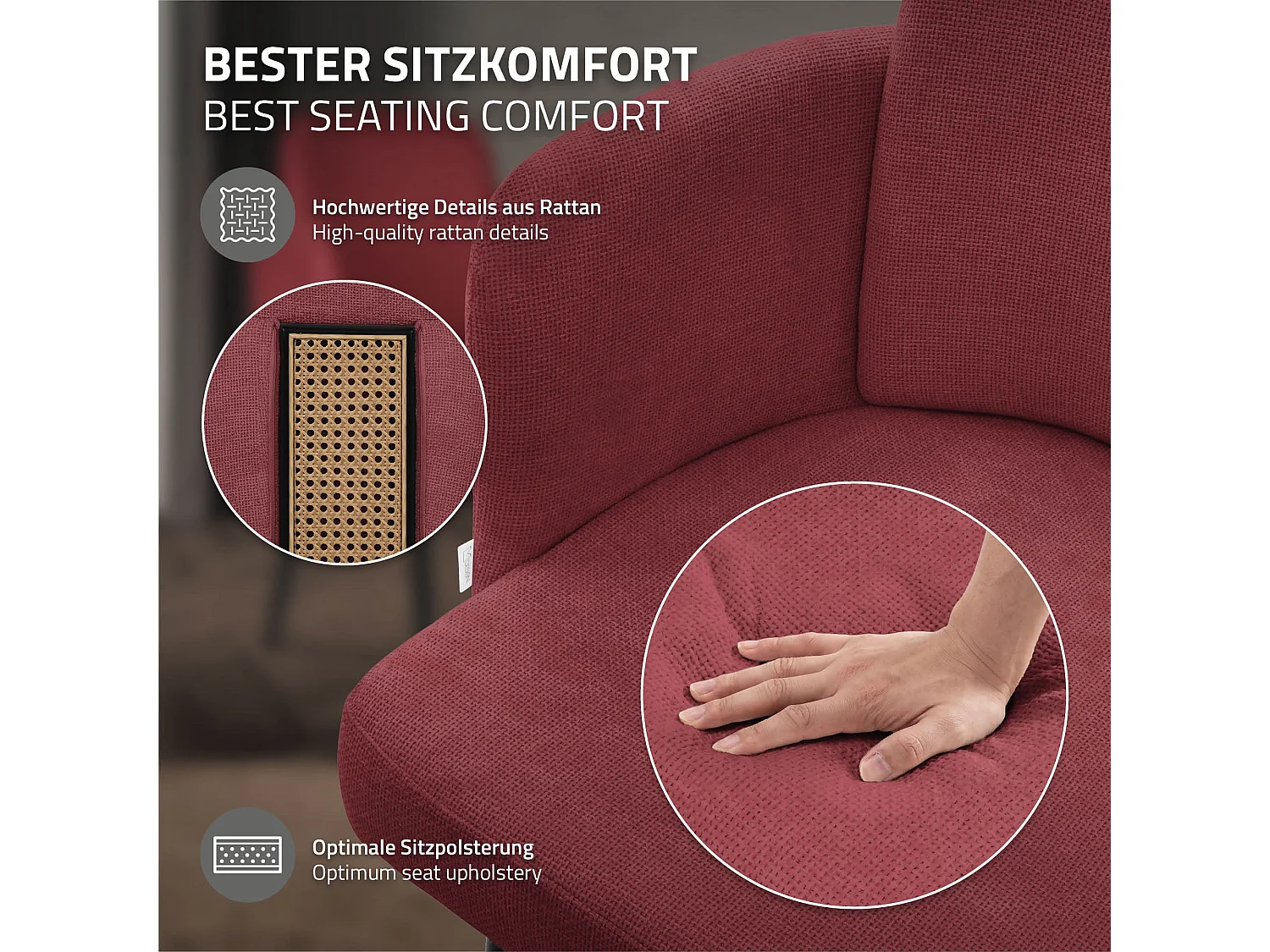 Lot de 2 chaises salle à manger en tissu rouge avec accoudoirs et dossier aspect rotin pieds en métal assise rembourrée fauteuils ergonomiques cuisine