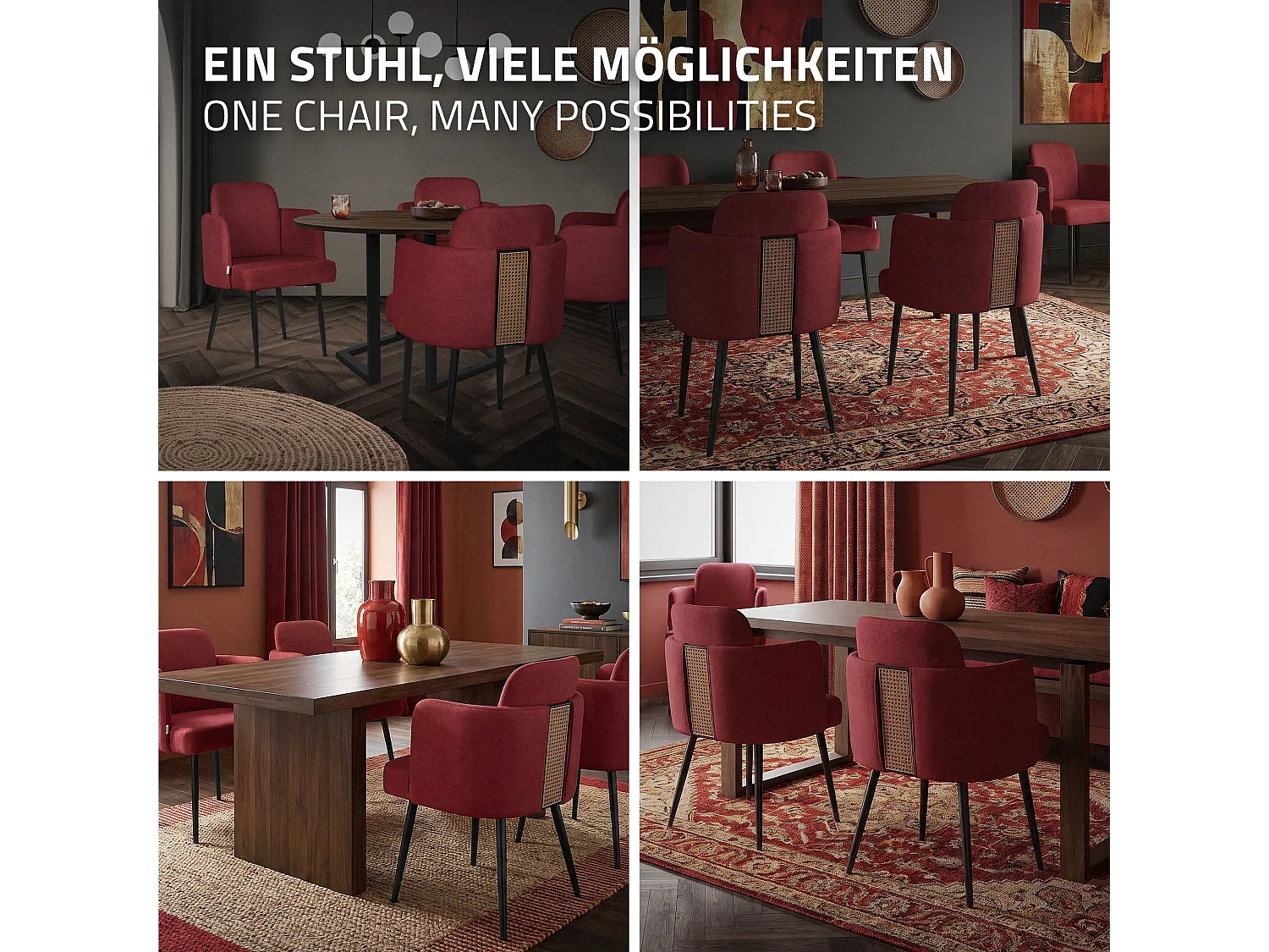 Lot de 2 chaises salle à manger en tissu rouge avec accoudoirs et dossier aspect rotin pieds en métal assise rembourrée fauteuils ergonomiques cuisine