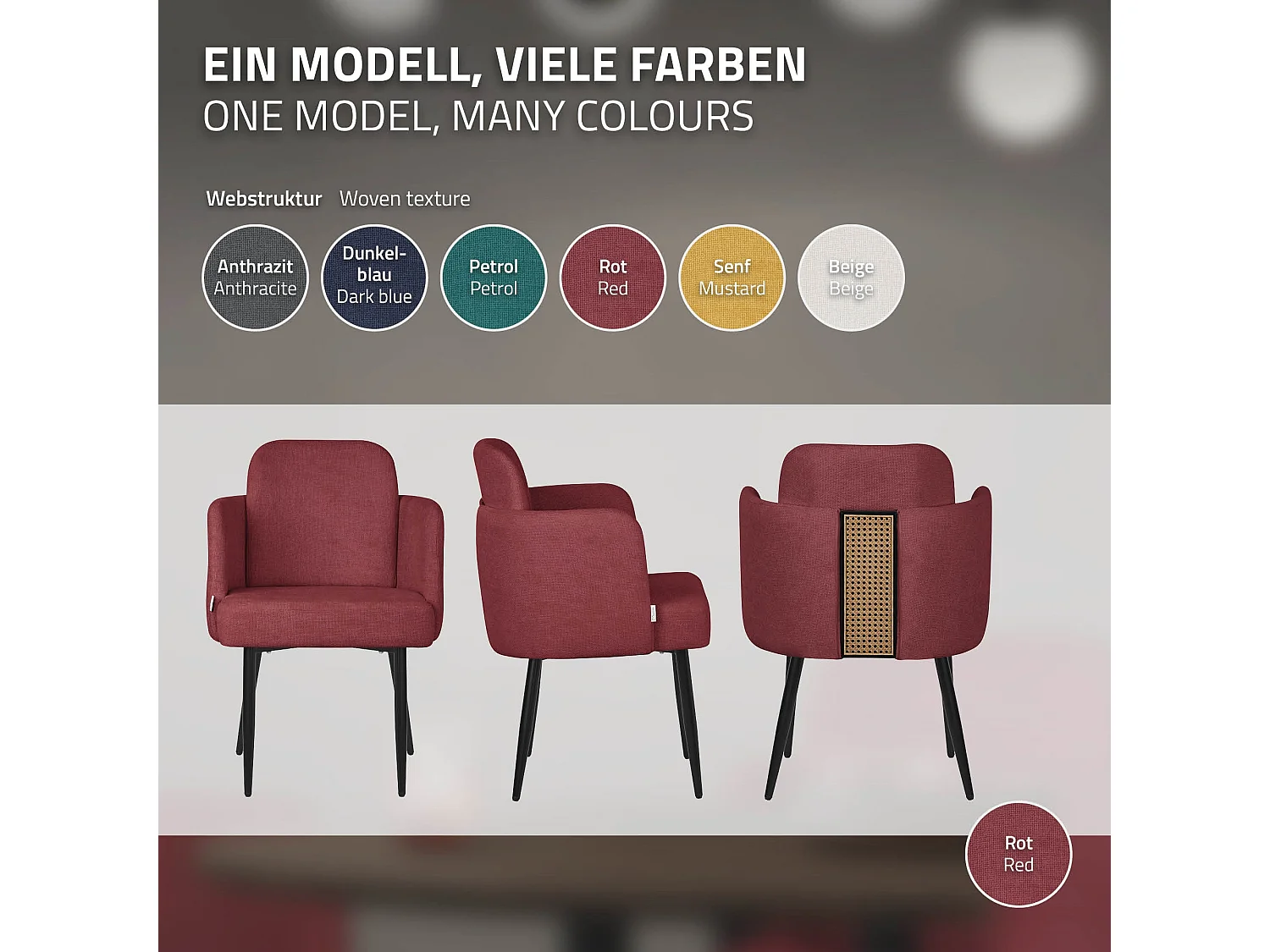 Lot de 2 chaises salle à manger en tissu rouge avec accoudoirs et dossier aspect rotin pieds en métal assise rembourrée fauteuils ergonomiques cuisine
