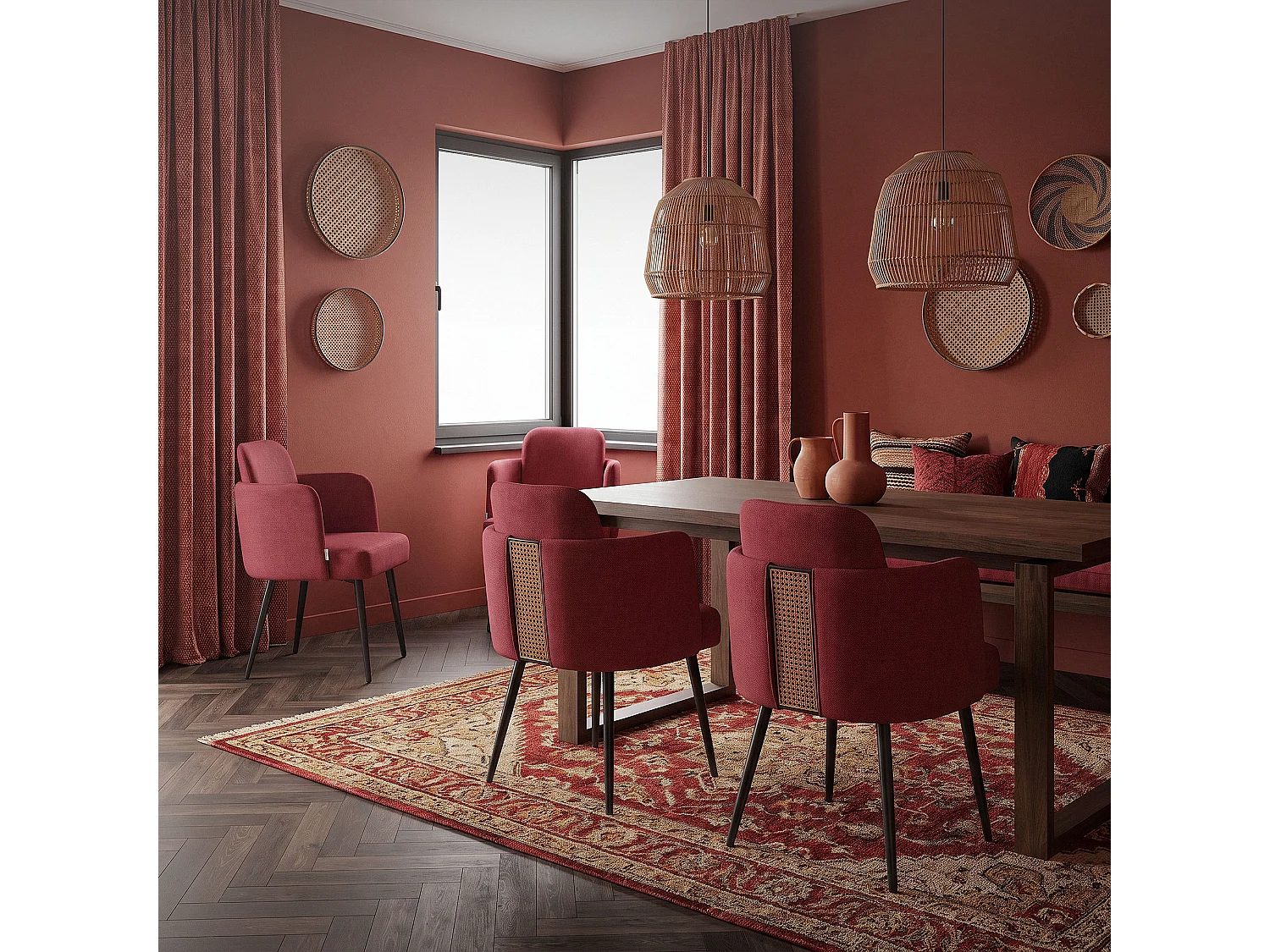 Lot de 2 chaises salle à manger en tissu rouge avec accoudoirs et dossier aspect rotin pieds en métal assise rembourrée fauteuils ergonomiques cuisine