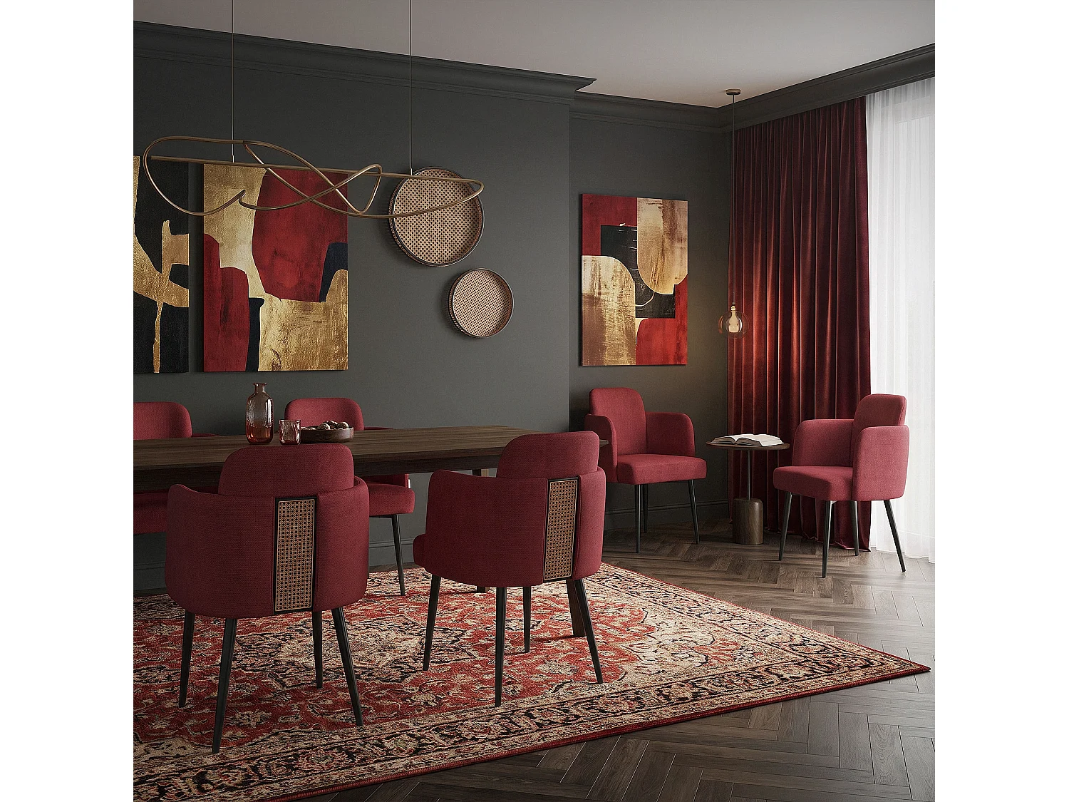 Lot de 6 chaises salle à manger en tissu rouge avec accoudoirs et dossier aspect rotin pieds en métal assise rembourrée fauteuils ergonomiques cuisine