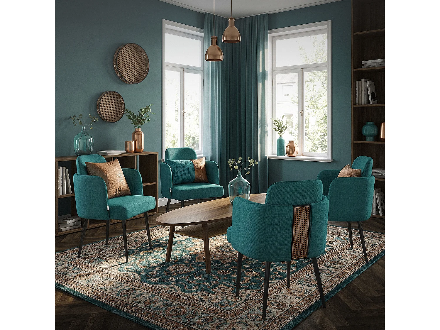 ML-Design Set 6x sedie da pranzo verde petrolio, in tessuto, poltrone ergonomiche da cucina con braccioli e schienale in rattan, poltroncine imbottite