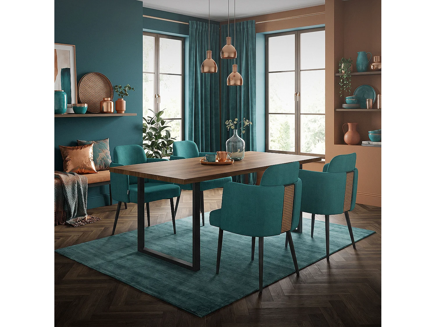 ML-Design Set 6x sedie da pranzo verde petrolio, in tessuto, poltrone ergonomiche da cucina con braccioli e schienale in rattan, poltroncine imbottite