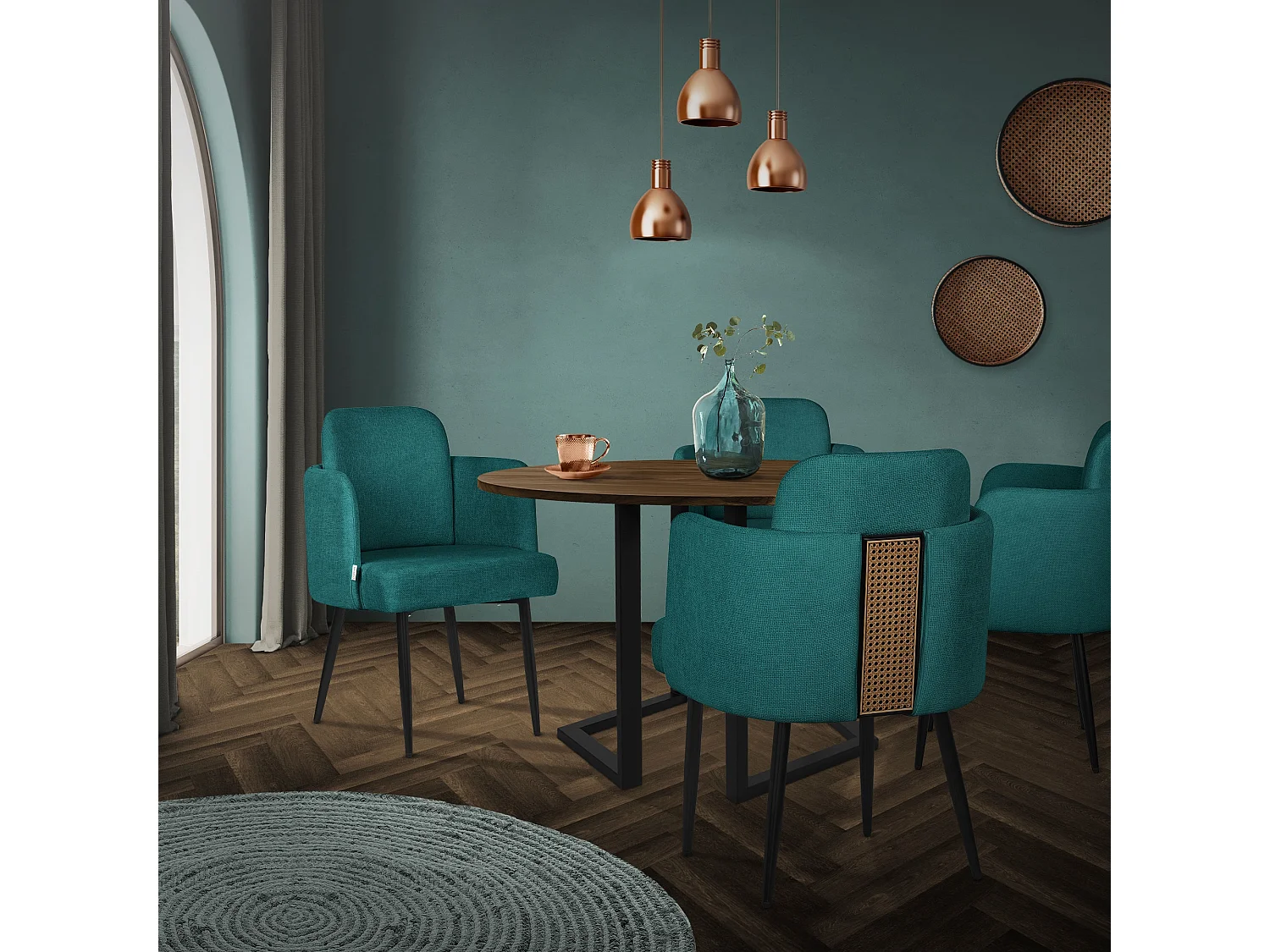 ML-Design 2x Sillas de comedor con funda de tela turquesa oscuro asientos con respaldo y reposabrazos de ratán mueble tapizado y patas de metal