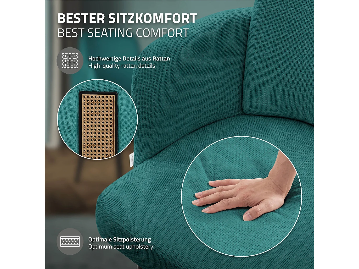 Lot de 2 chaises salle à manger en tissu bleu pétrole avec accoudoirs et dossier aspect rotin pieds en métal assise rembourrée fauteuils ergonomiques