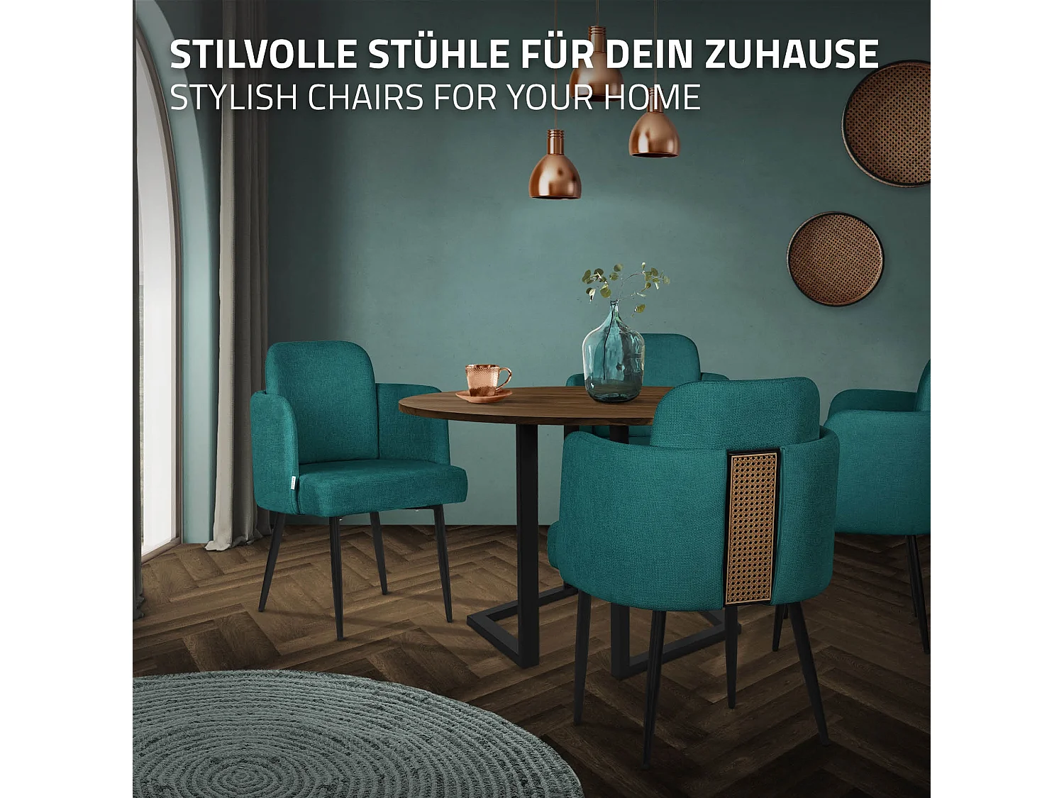 Lot de 2 chaises salle à manger en tissu bleu pétrole avec accoudoirs et dossier aspect rotin pieds en métal assise rembourrée fauteuils ergonomiques