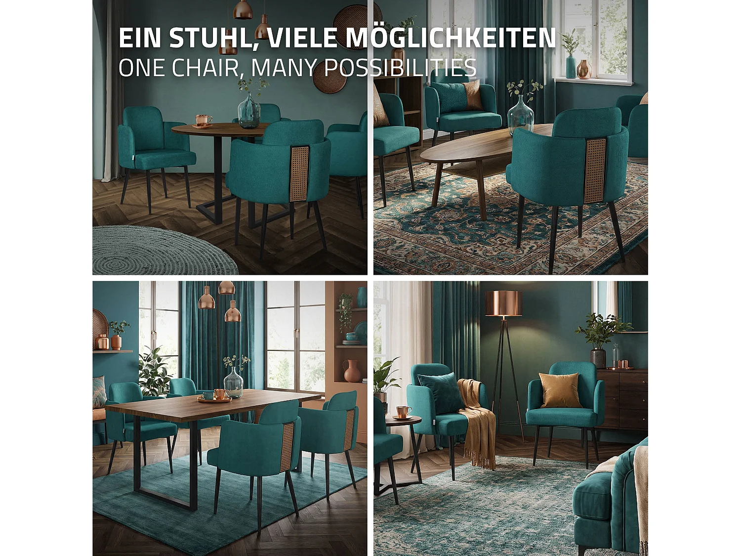 Lot de 2 chaises salle à manger en tissu bleu pétrole avec accoudoirs et dossier aspect rotin pieds en métal assise rembourrée fauteuils ergonomiques