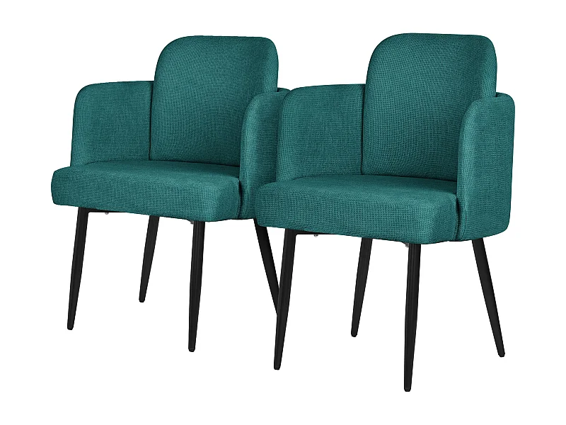 Lot de 2 chaises salle à manger en tissu bleu pétrole avec accoudoirs et dossier aspect rotin pieds en métal assise rembourrée fauteuils ergonomiques