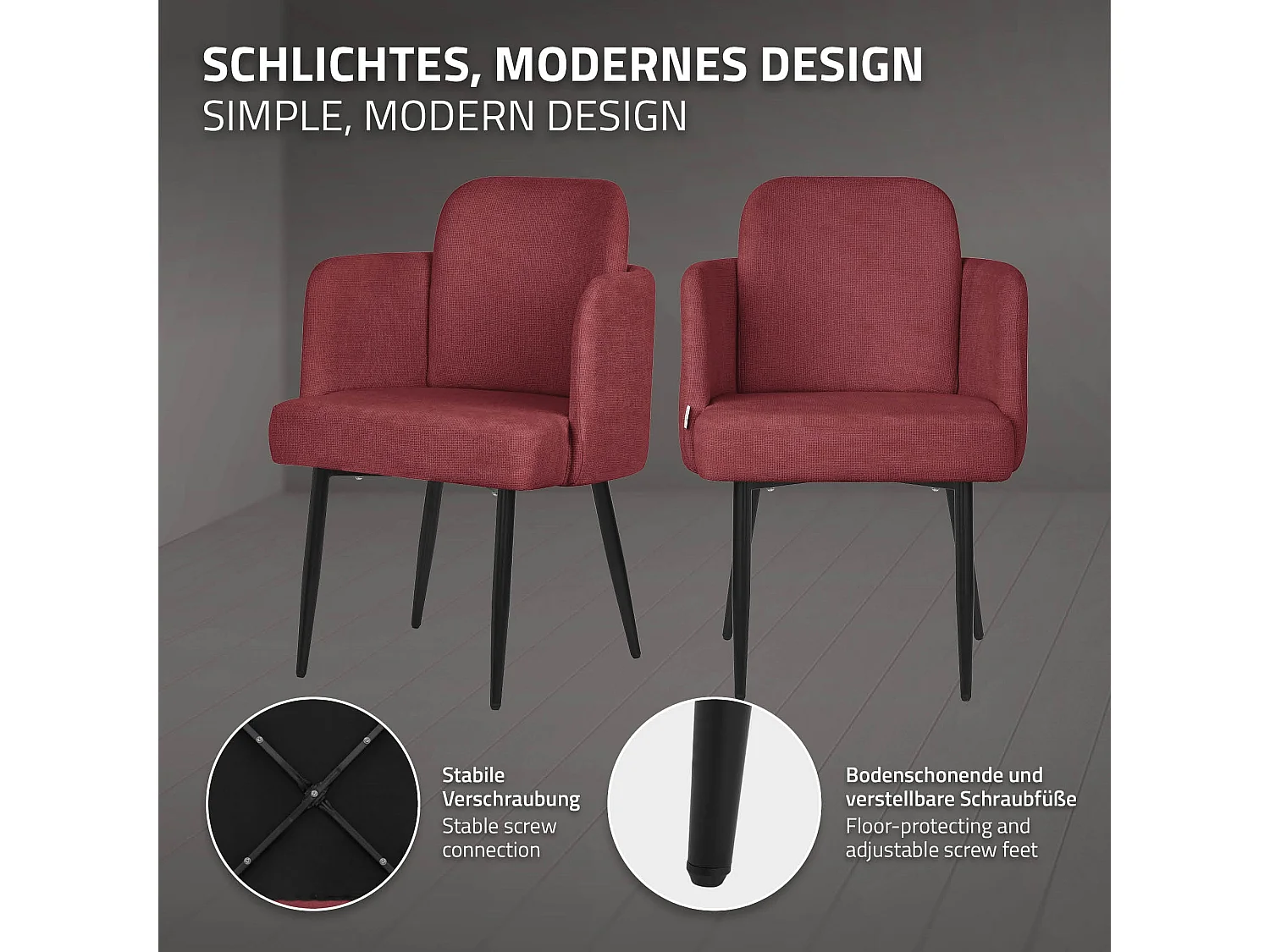 Chaise salle à manger en tissu rouge avec accoudoirs et dossier aspect rotin pieds en métal assise rembourrée confortable fauteuil ergonomique cuisine