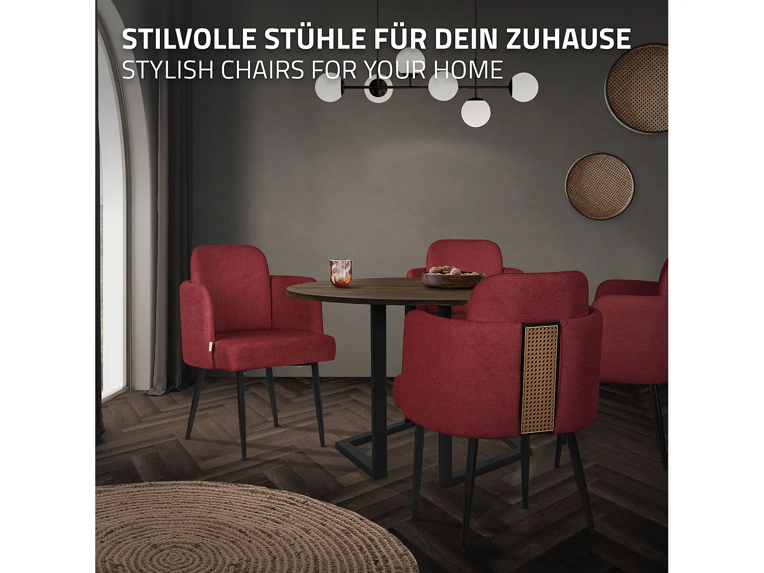 Chaise salle à manger en tissu rouge avec accoudoirs et dossier aspect rotin pieds en métal assise rembourrée confortable fauteuil ergonomique cuisine