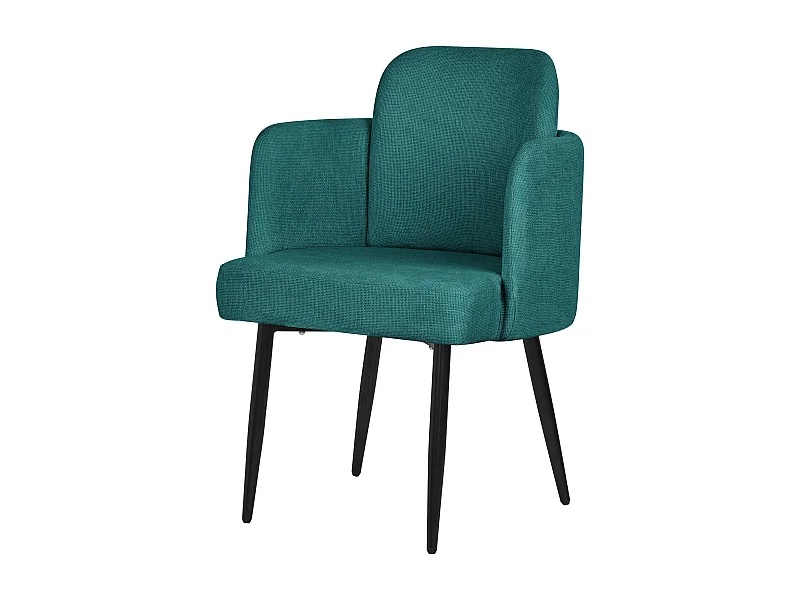 Chaise salle à manger en tissu bleu pétrole avec accoudoirs et dossier aspect rotin pieds en métal assise rembourrée confortable fauteuil ergonomique