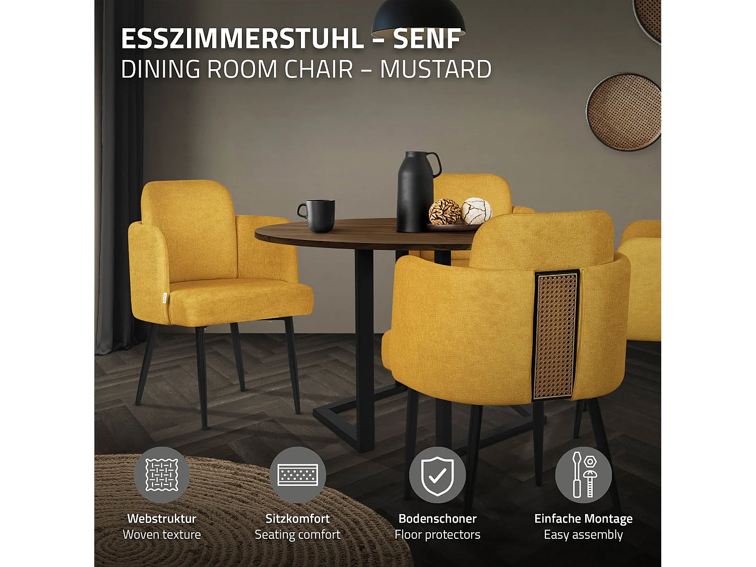 Lot de 2 chaises salle à manger en tissu moutarde avec accoudoirs et dossier aspect rotin pieds en métal assise rembourrée fauteuils ergonomiques