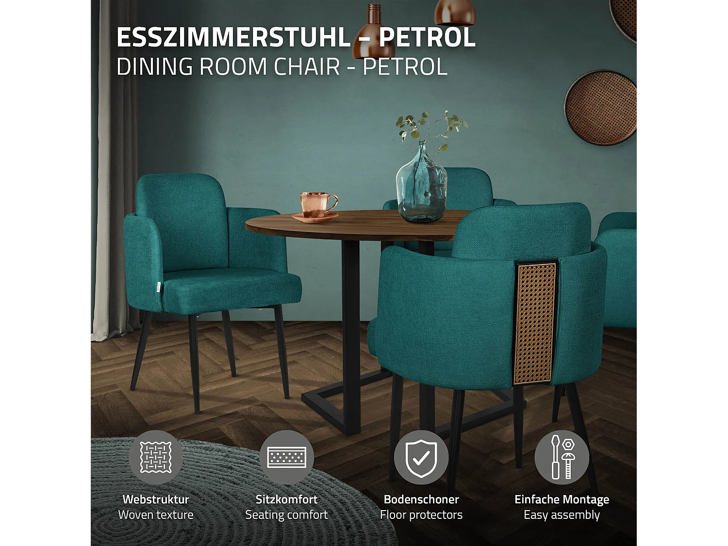 ML-Design Set 4x sedie da pranzo verde petrolio, in tessuto, poltrone ergonomiche da cucina con braccioli e schienale in rattan, poltroncine imbottite
