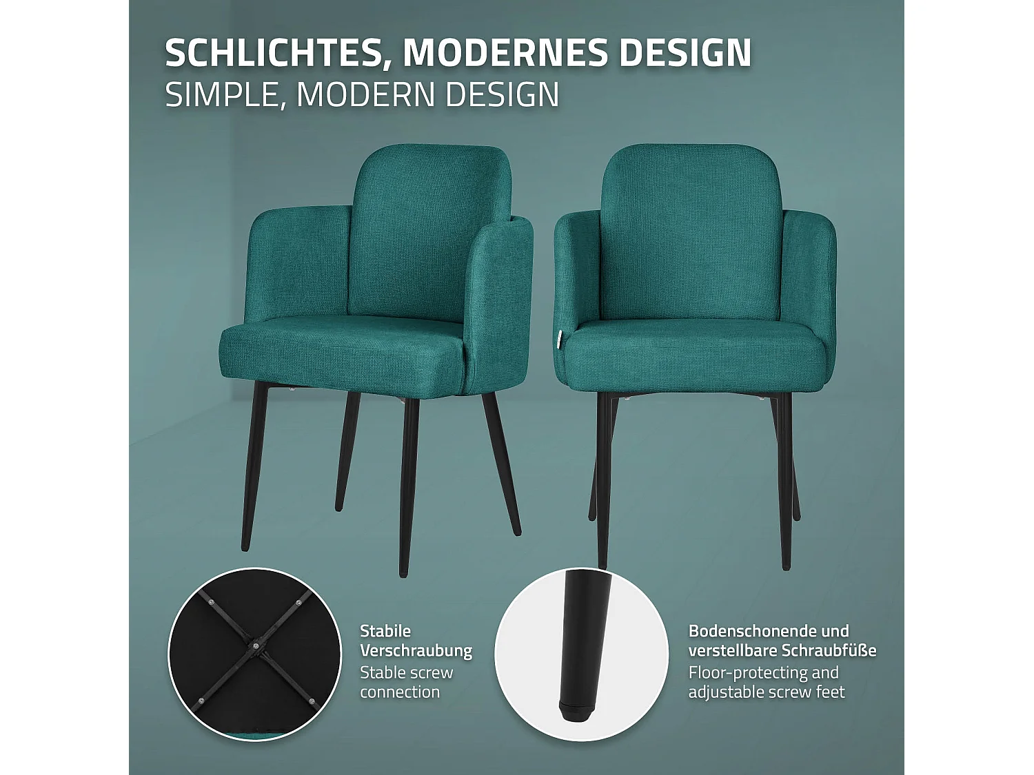 ML-Design Set 4x sedie da pranzo verde petrolio, in tessuto, poltrone ergonomiche da cucina con braccioli e schienale in rattan, poltroncine imbottite