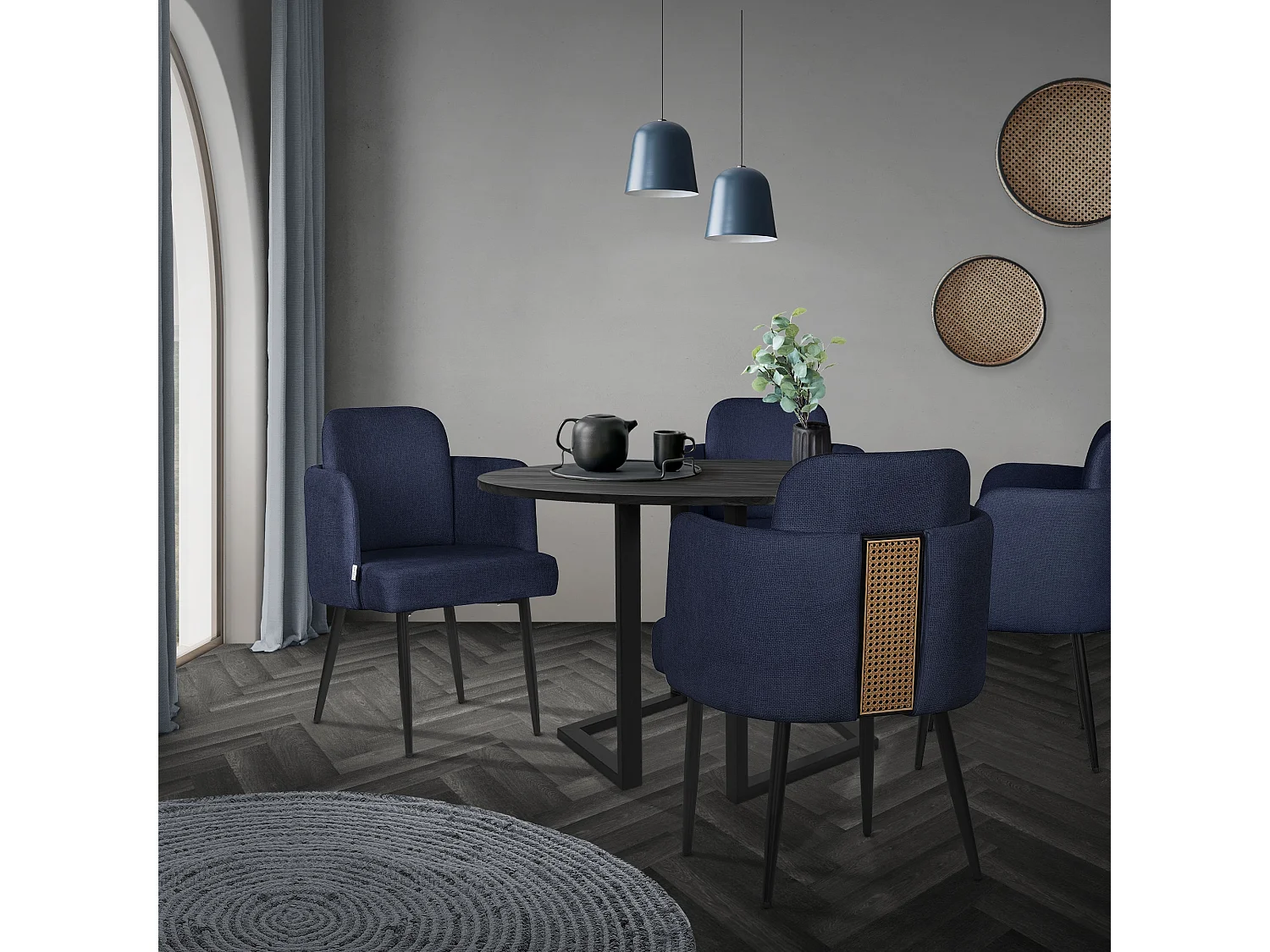 ML-Design 2x Sillas de comedor con funda de tela azul oscuro asientos de salón con respaldo y reposabrazos de ratán mueble tapizado y patas de metal