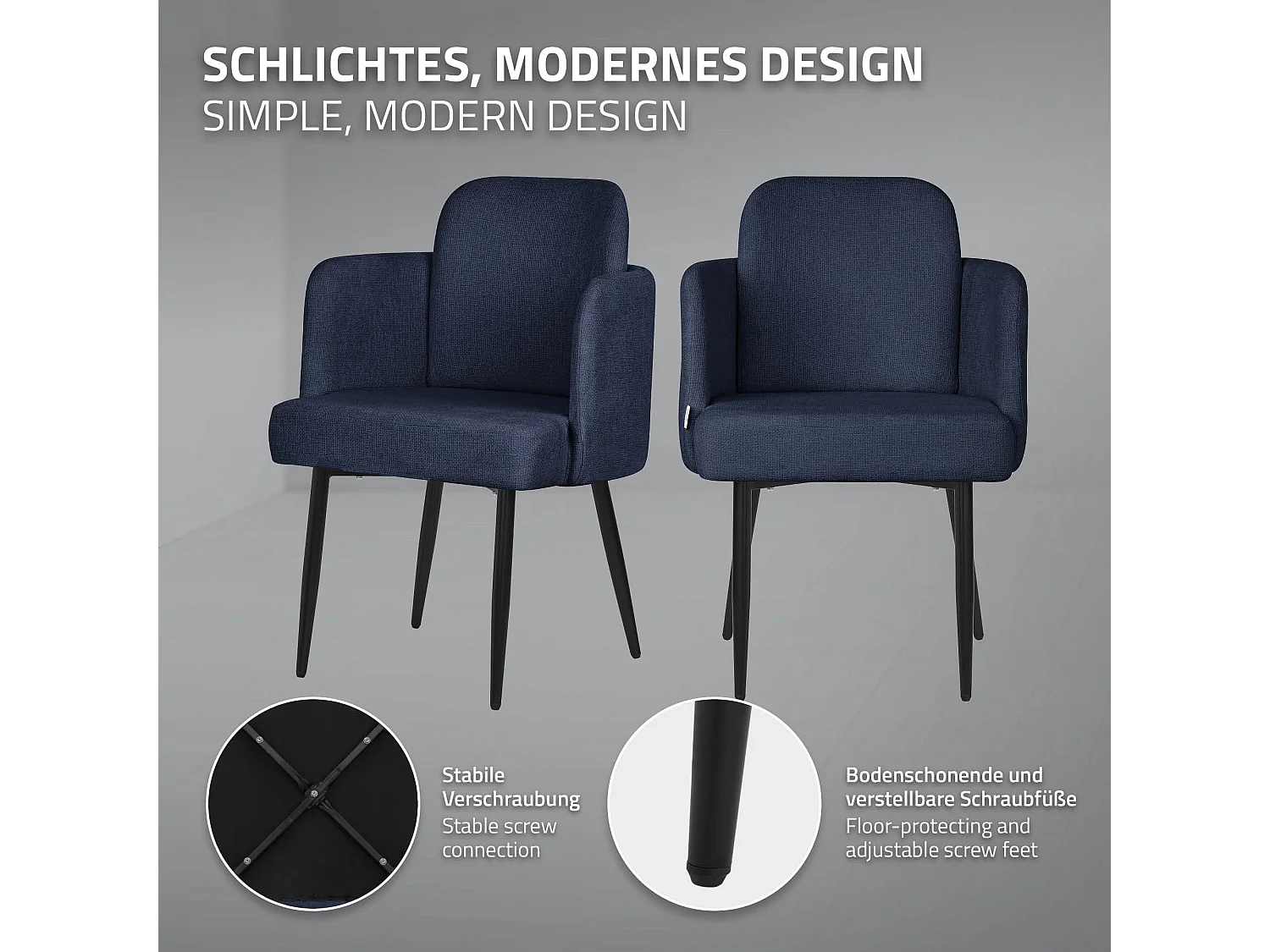 Lot de 2 chaises salle à manger en tissu bleu foncé avec accoudoirs et dossier aspect rotin pieds en métal assise rembourrée fauteuils ergonomiques