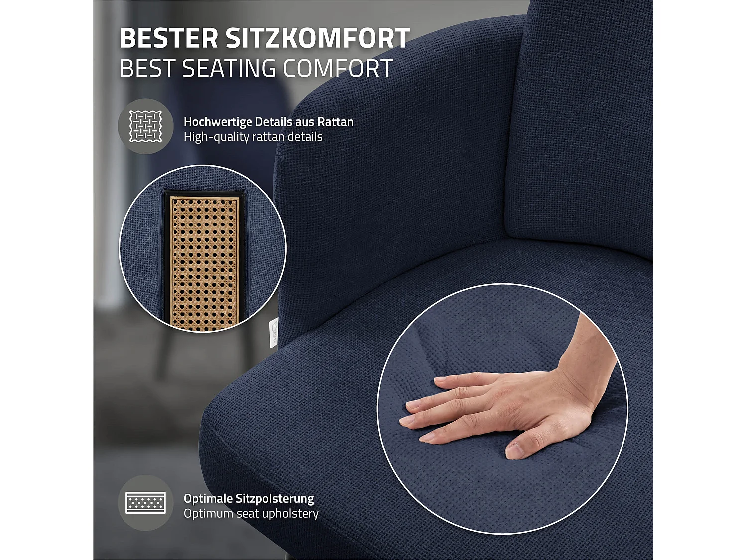 Lot de 2 chaises salle à manger en tissu bleu foncé avec accoudoirs et dossier aspect rotin pieds en métal assise rembourrée fauteuils ergonomiques