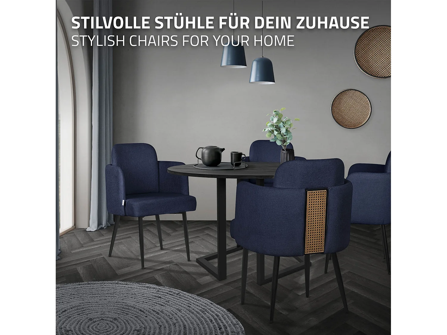 Lot de 2 chaises salle à manger en tissu bleu foncé avec accoudoirs et dossier aspect rotin pieds en métal assise rembourrée fauteuils ergonomiques