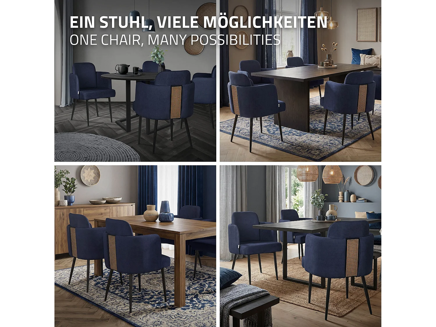 Lot de 2 chaises salle à manger en tissu bleu foncé avec accoudoirs et dossier aspect rotin pieds en métal assise rembourrée fauteuils ergonomiques