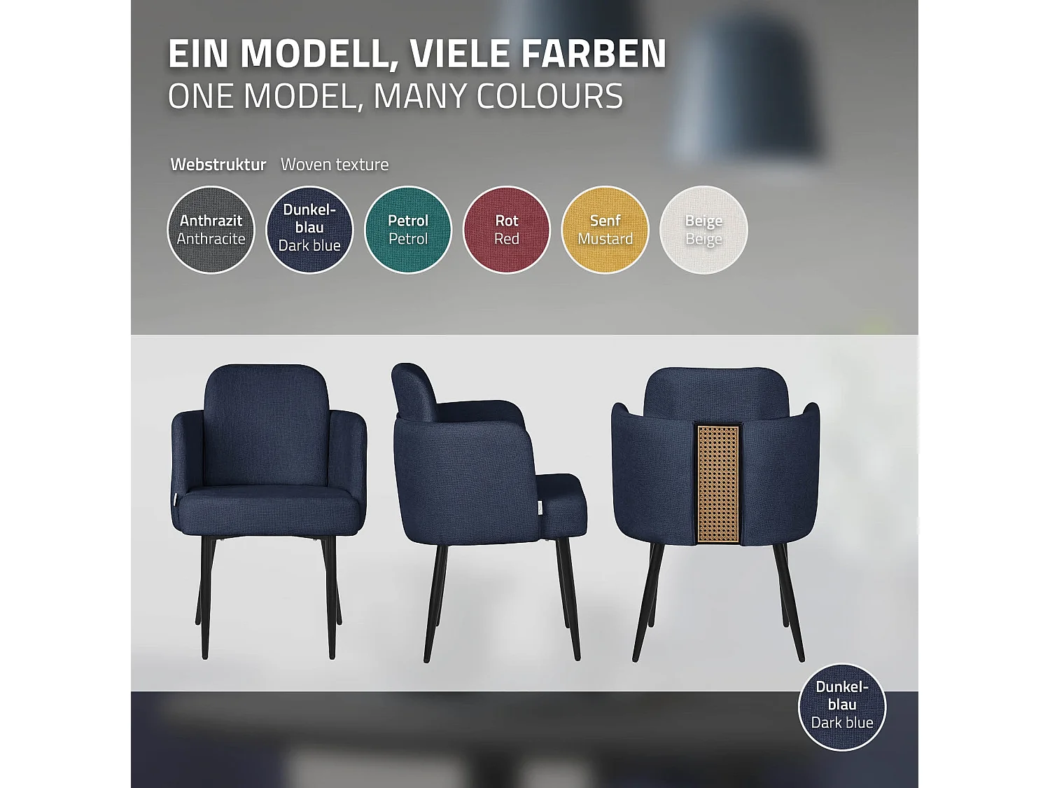 Lot de 2 chaises salle à manger en tissu bleu foncé avec accoudoirs et dossier aspect rotin pieds en métal assise rembourrée fauteuils ergonomiques