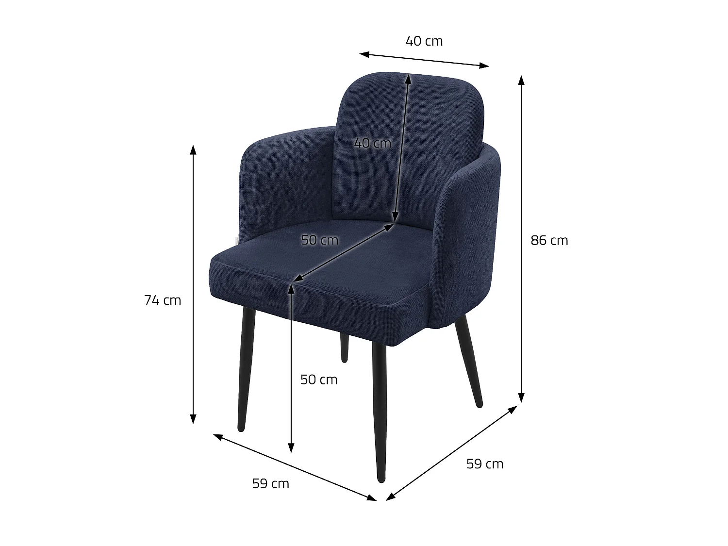 Lot de 2 chaises salle à manger en tissu bleu foncé avec accoudoirs et dossier aspect rotin pieds en métal assise rembourrée fauteuils ergonomiques