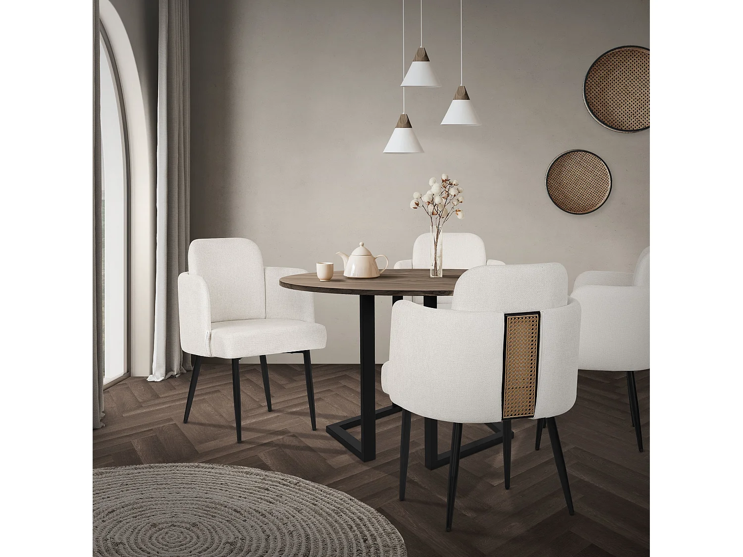 ML-Design 4x Sedie da pranzo beige, in tessuto, poltrone ergonomiche da cucina con braccioli e schienale in rattan, poltroncine imbottite per salotto