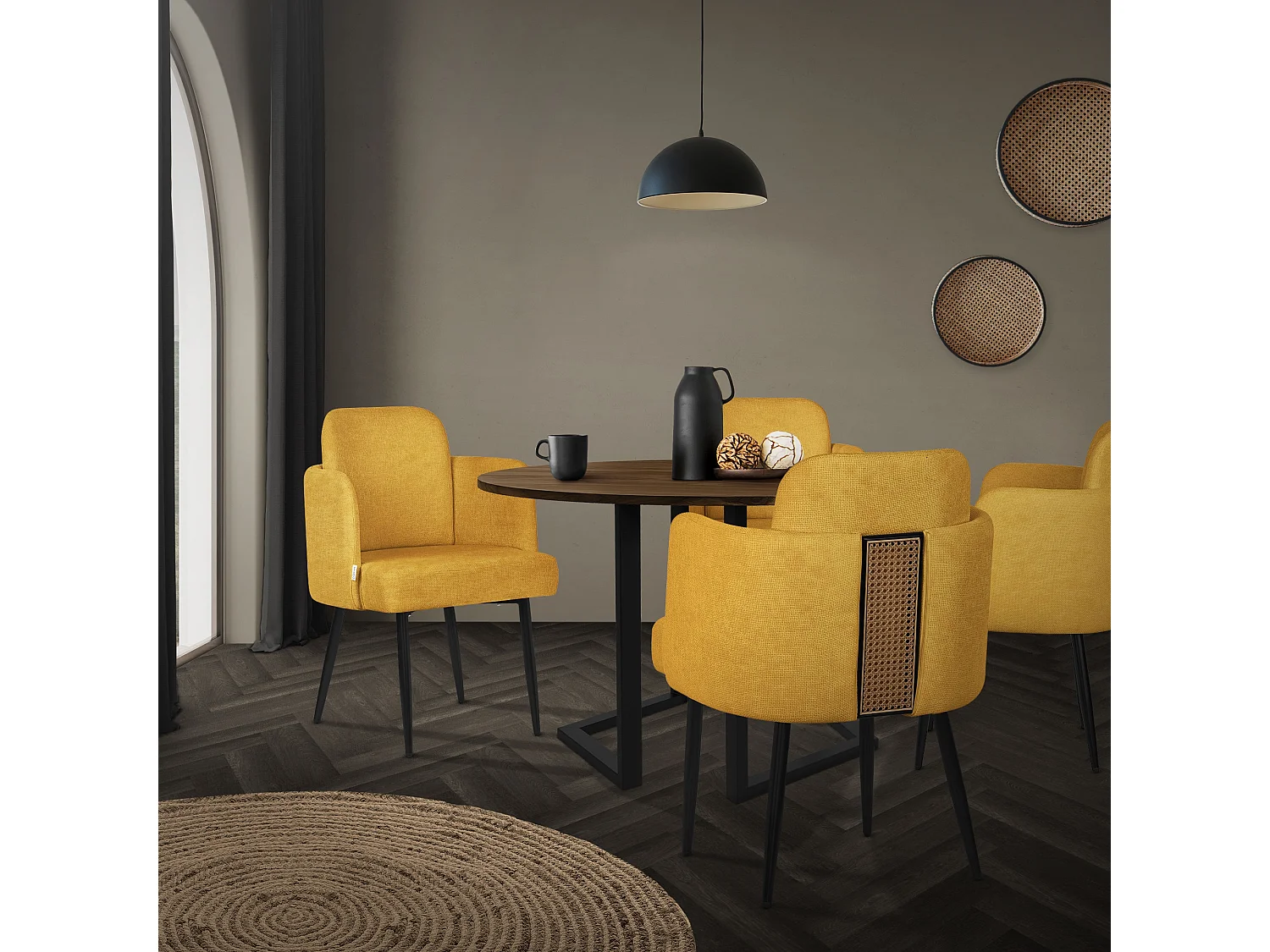 ML-Design 6x Sedie da pranzo senape, in tessuto, poltrone ergonomiche da cucina con braccioli e schienale in rattan, poltroncine imbottite per salotto