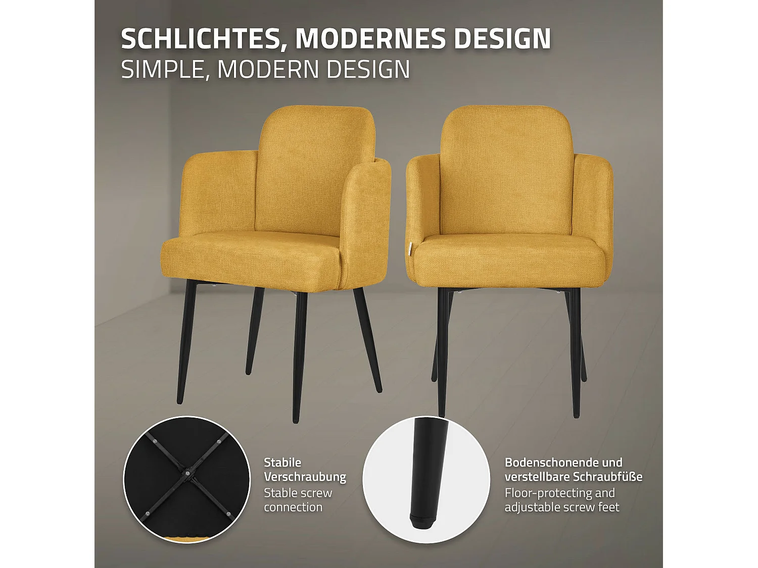 Lot de 6 chaises salle à manger en tissu moutarde avec accoudoirs et dossier aspect rotin pieds en métal assise rembourrée fauteuils ergonomiques