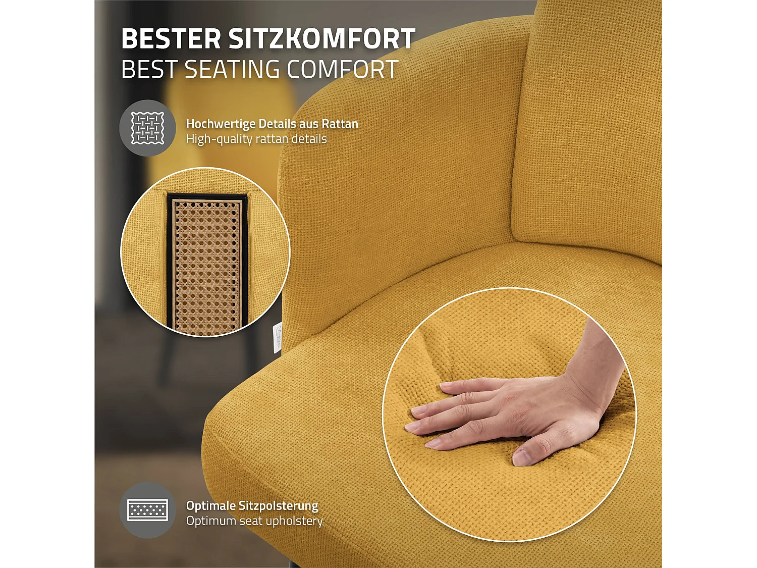 Lot de 6 chaises salle à manger en tissu moutarde avec accoudoirs et dossier aspect rotin pieds en métal assise rembourrée fauteuils ergonomiques