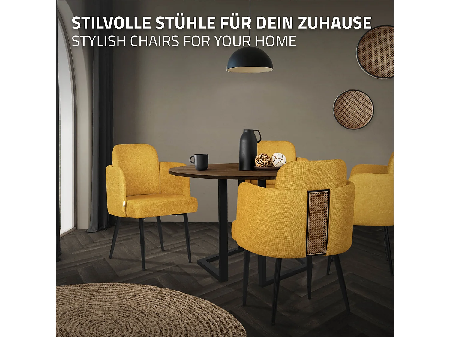 Lot de 6 chaises salle à manger en tissu moutarde avec accoudoirs et dossier aspect rotin pieds en métal assise rembourrée fauteuils ergonomiques