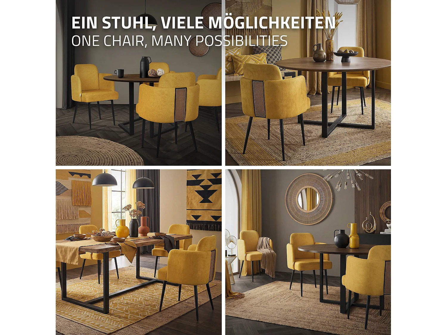 Lot de 6 chaises salle à manger en tissu moutarde avec accoudoirs et dossier aspect rotin pieds en métal assise rembourrée fauteuils ergonomiques