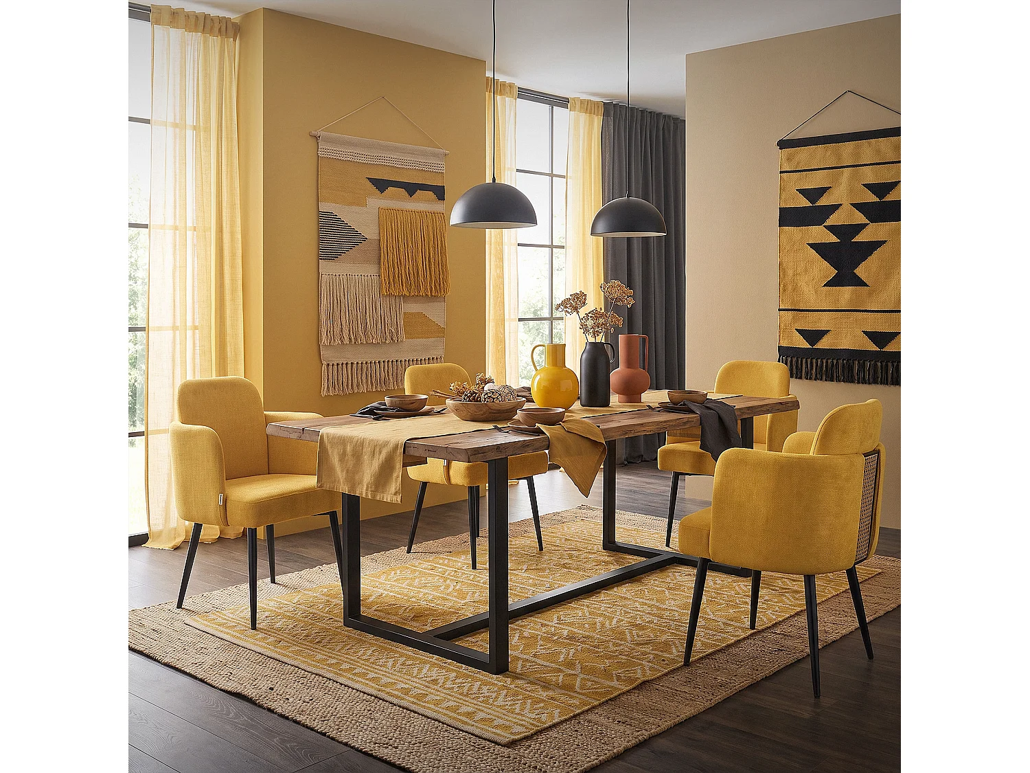 Lot de 6 chaises salle à manger en tissu moutarde avec accoudoirs et dossier aspect rotin pieds en métal assise rembourrée fauteuils ergonomiques