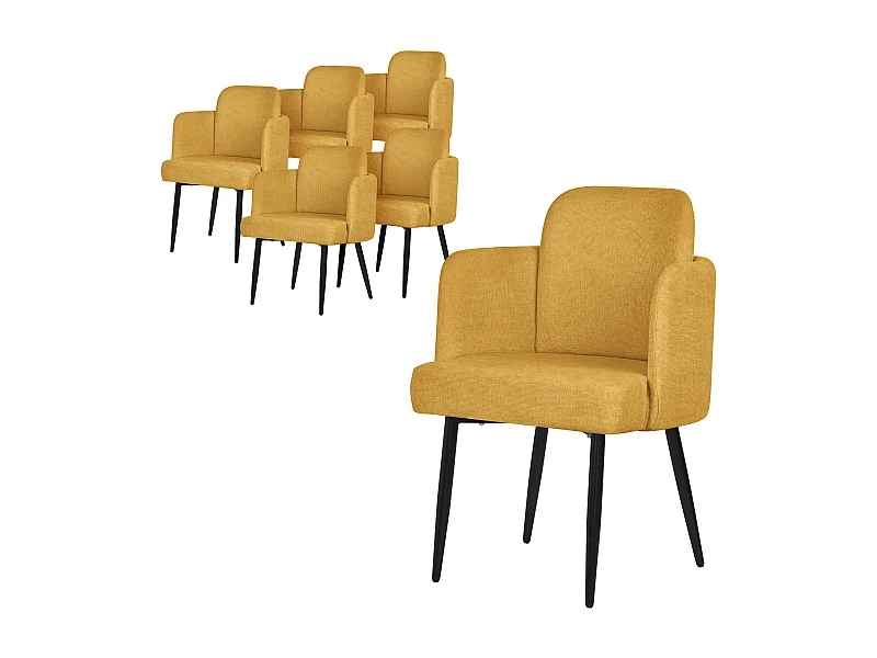 Lot de 6 chaises salle à manger en tissu moutarde avec accoudoirs et dossier aspect rotin pieds en métal assise rembourrée fauteuils ergonomiques