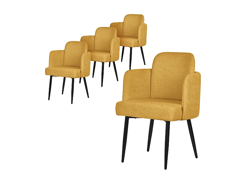 Lot de 4 chaises salle à manger en tissu moutarde avec accoudoirs et dossier aspect rotin pieds en métal assise rembourrée fauteuils ergonomiques