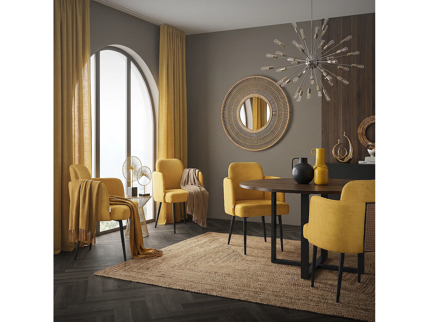Lot de 4 chaises salle à manger en tissu moutarde avec accoudoirs et dossier aspect rotin pieds en métal assise rembourrée fauteuils ergonomiques