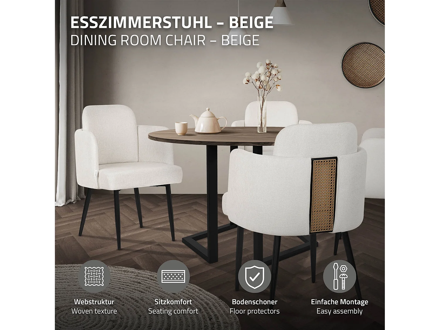 Lot de 2 chaises salle à manger en tissu beige avec accoudoirs et dossier aspect rotin pieds en métal assise rembourrée fauteuils ergonomiques cuisine