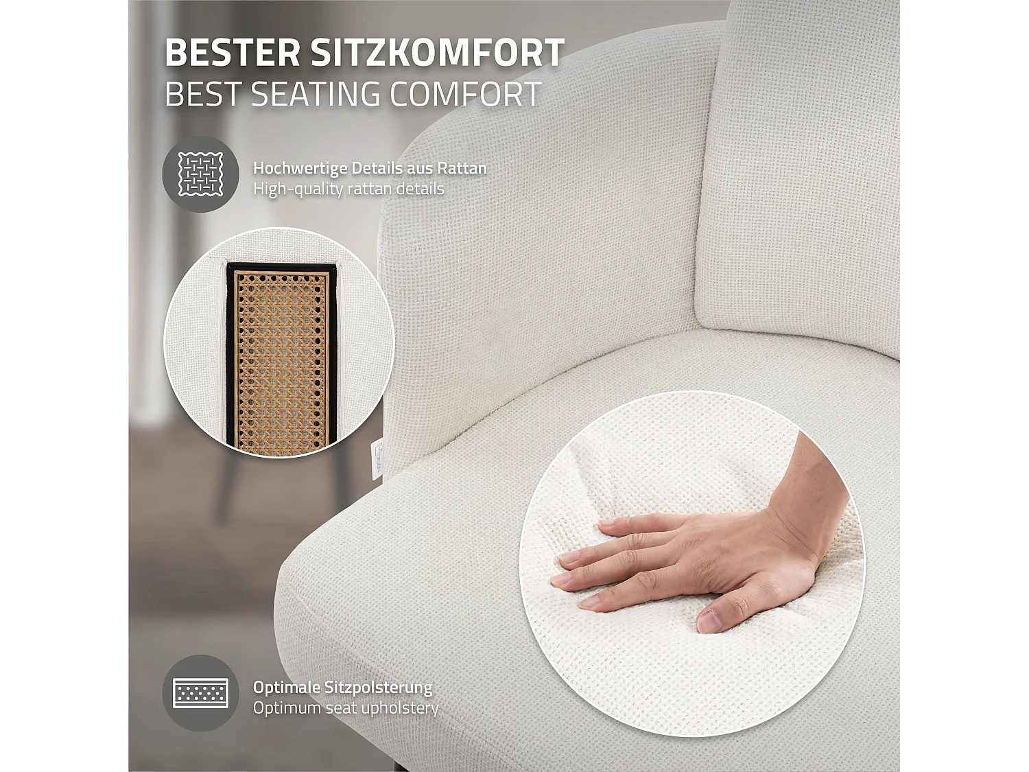 Lot de 2 chaises salle à manger en tissu beige avec accoudoirs et dossier aspect rotin pieds en métal assise rembourrée fauteuils ergonomiques cuisine