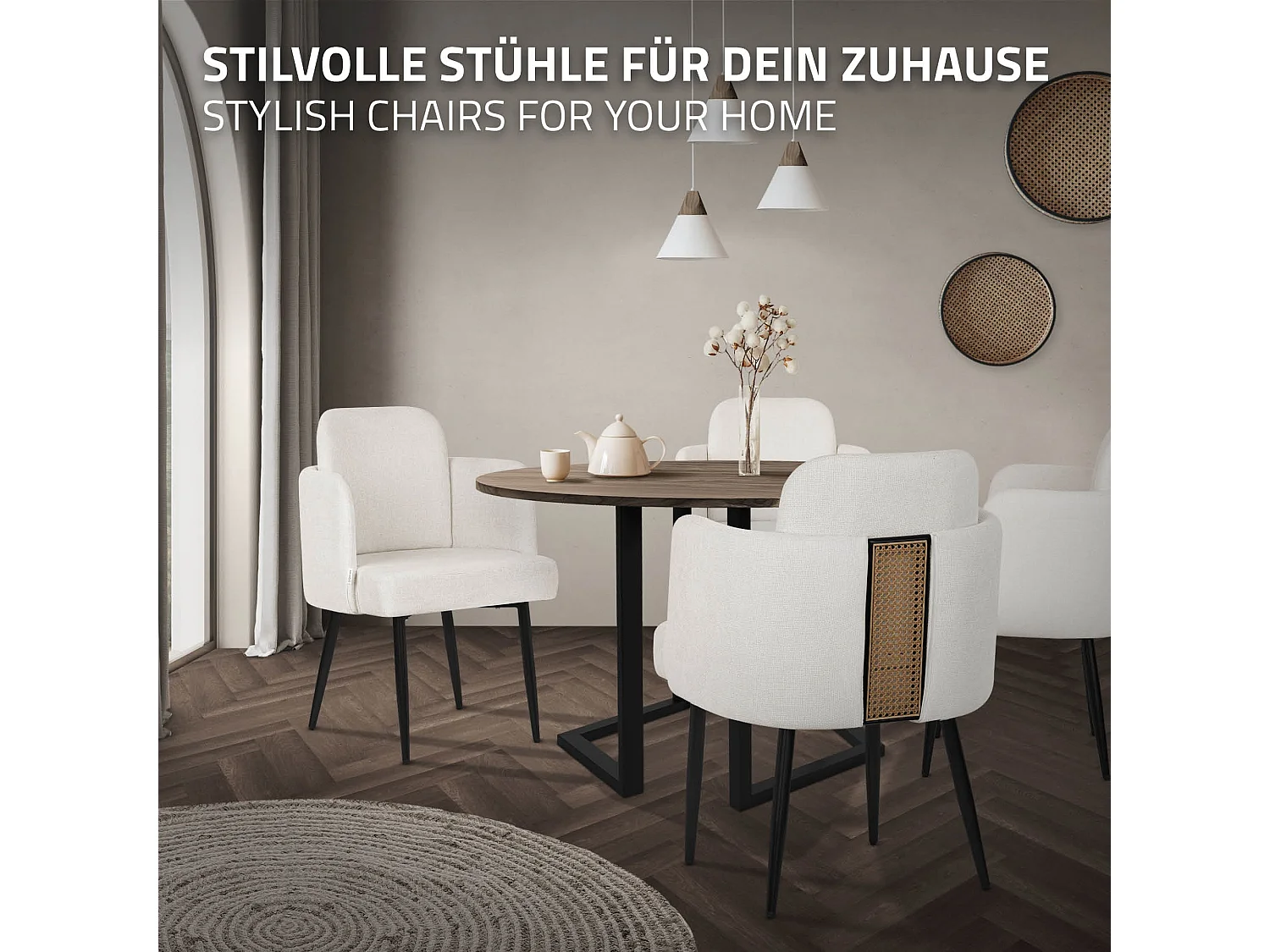 Lot de 2 chaises salle à manger en tissu beige avec accoudoirs et dossier aspect rotin pieds en métal assise rembourrée fauteuils ergonomiques cuisine