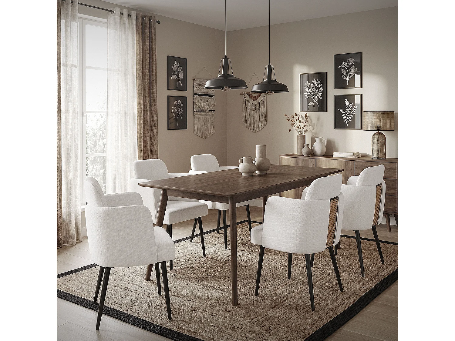 Lot de 2 chaises salle à manger en tissu beige avec accoudoirs et dossier aspect rotin pieds en métal assise rembourrée fauteuils ergonomiques cuisine