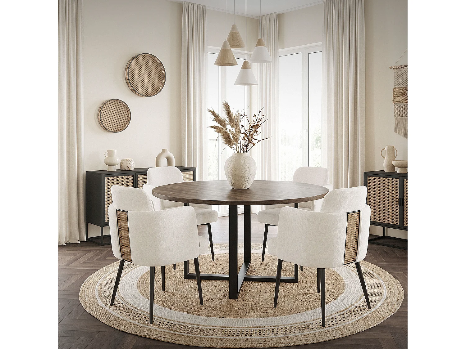 Lot de 2 chaises salle à manger en tissu beige avec accoudoirs et dossier aspect rotin pieds en métal assise rembourrée fauteuils ergonomiques cuisine